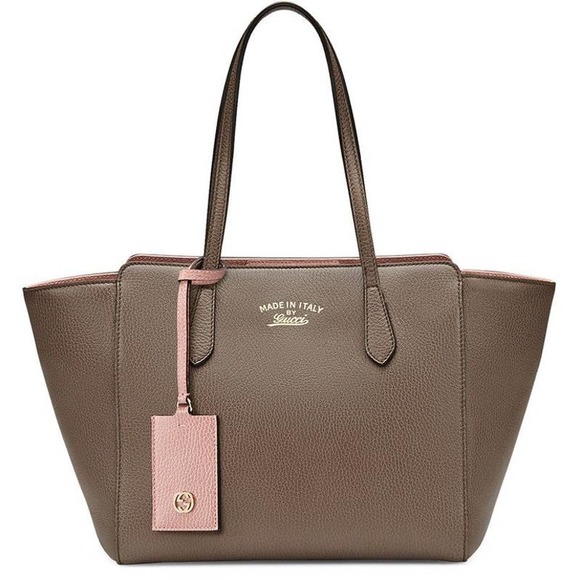 Auth GUCCI Swing Medium Tote Gray Beige Pink Beige Leather Tote Bag